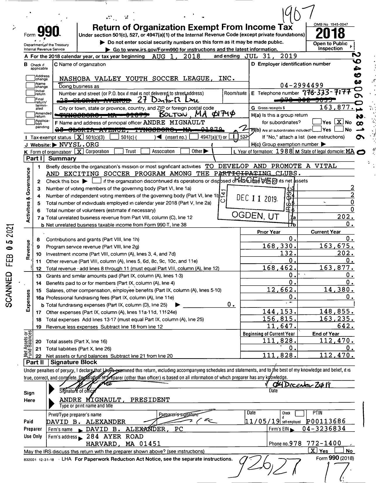 Image of first page of 2018 Form 990 for Nashoba Valley Youth Soccer League