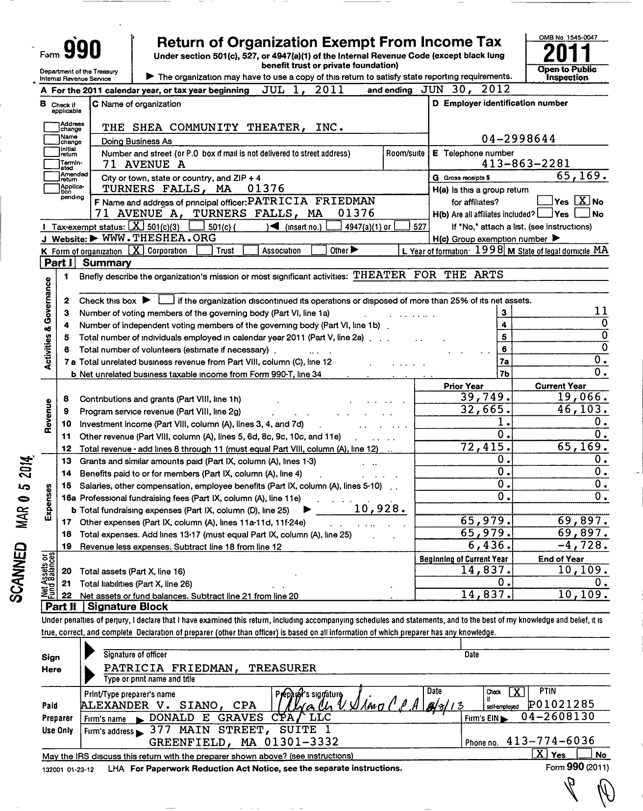 Image of first page of 2011 Form 990 for Shea Community Theater