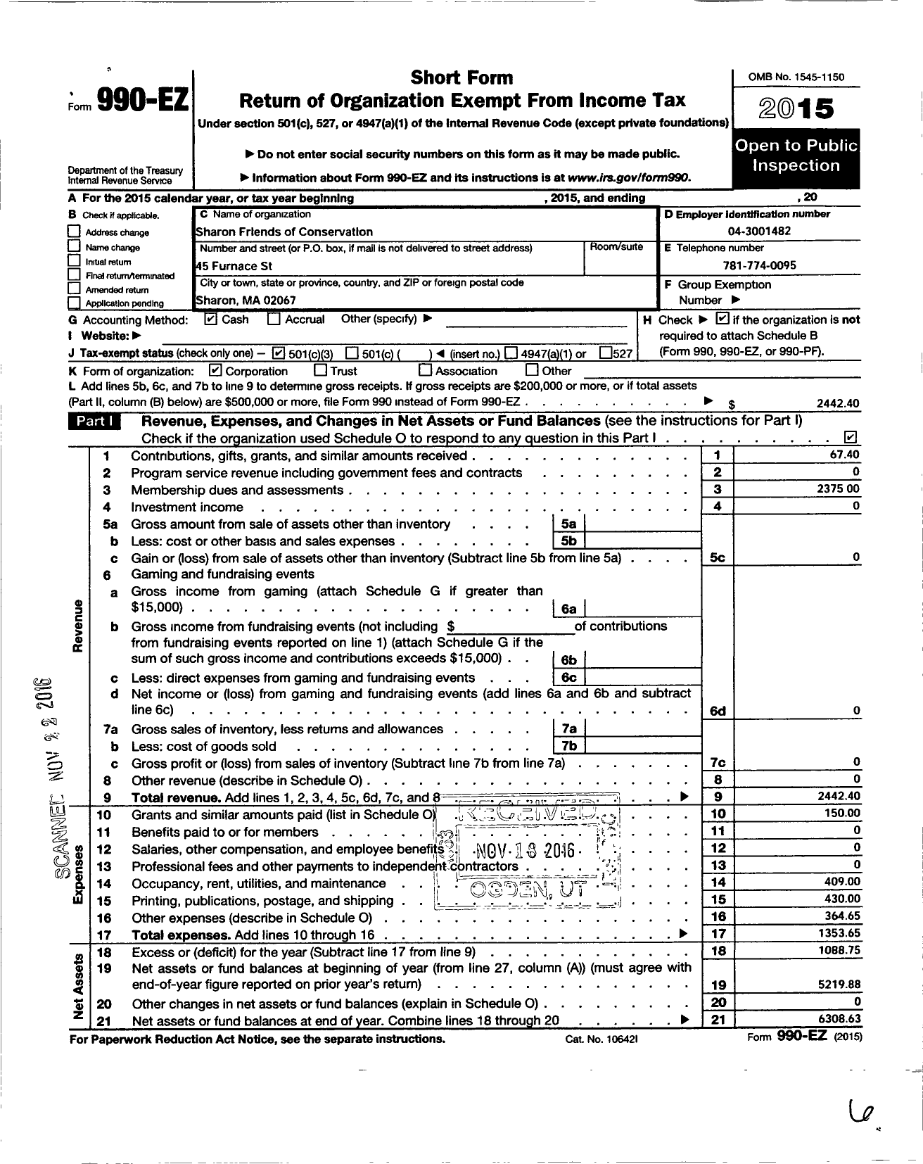 Image of first page of 2015 Form 990EZ for Sharon Friends of Conservation