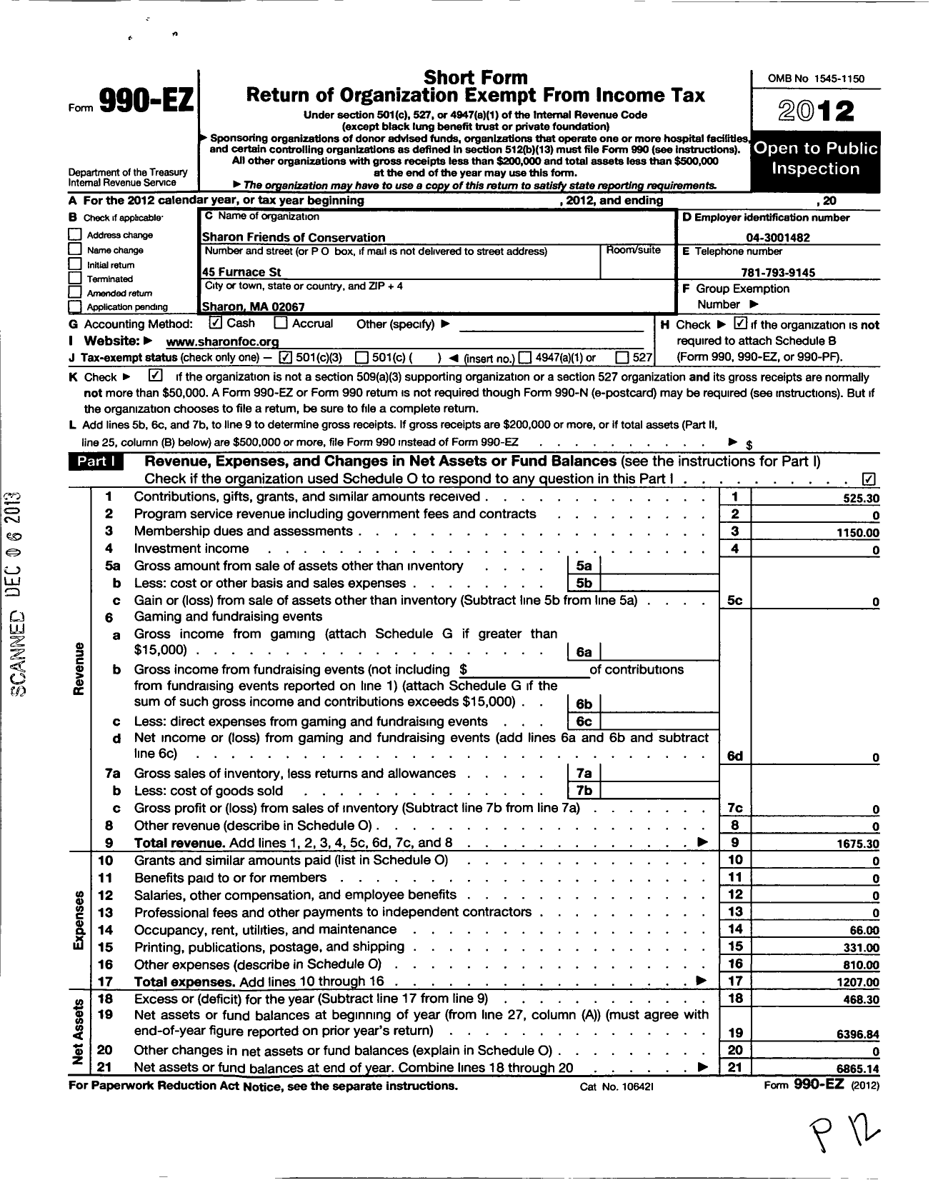 Image of first page of 2012 Form 990EZ for Sharon Friends of Conservation