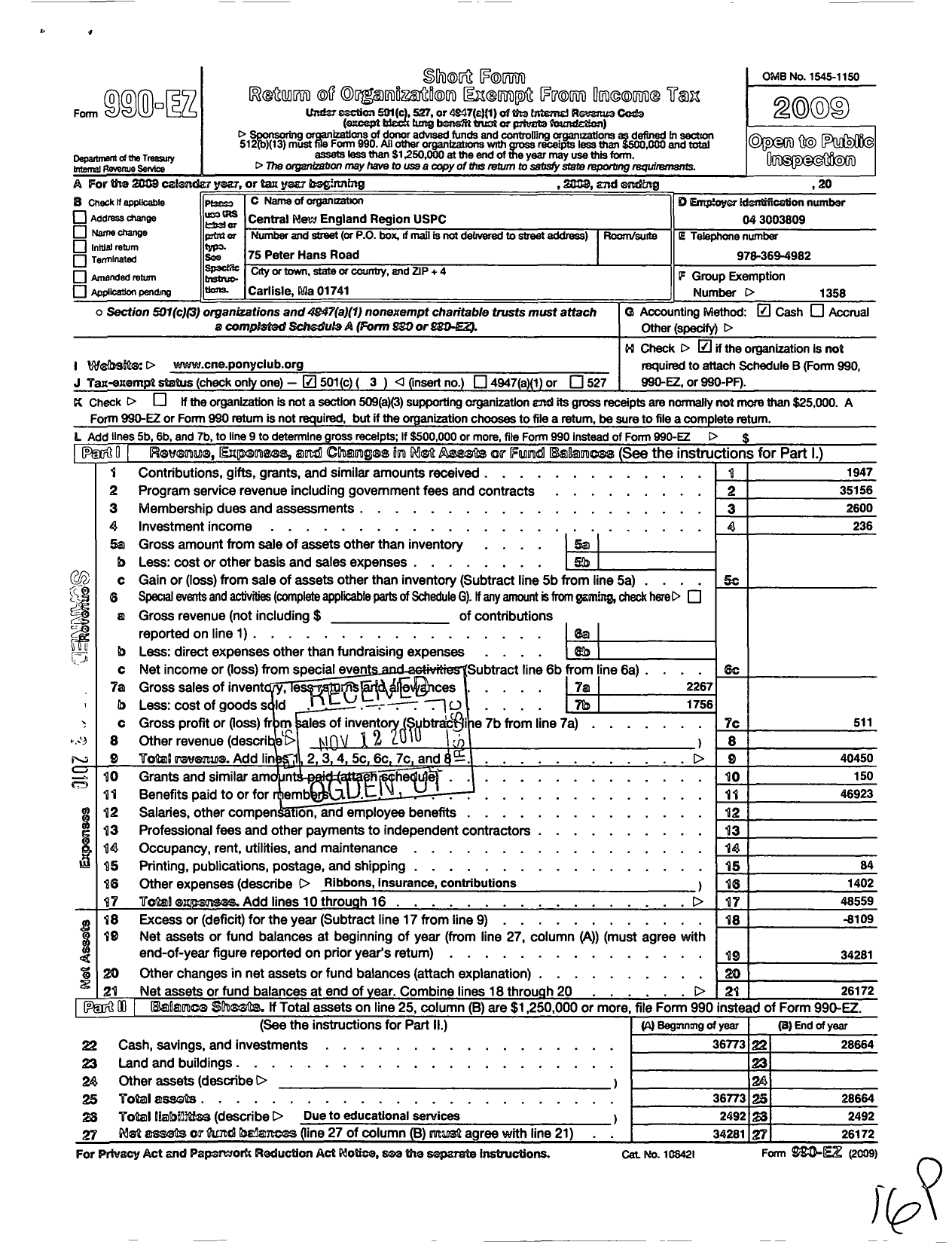 Image of first page of 2009 Form 990EZ for The United States Pony Clubs / Central New England Region