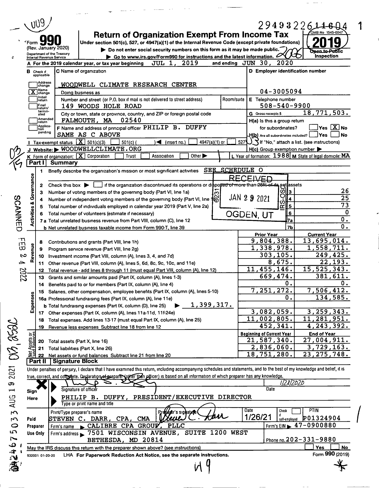 Image of first page of 2019 Form 990 for Woodwell Climate Research Center