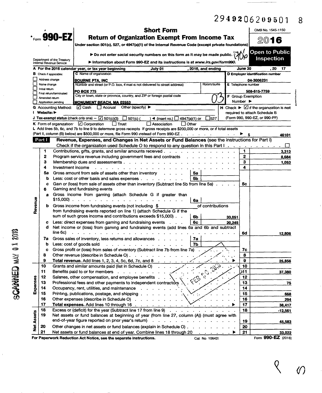 Image of first page of 2016 Form 990EZ for PTA MASSACHUSETTS PARENT-TEACHER ASSOCIATION INC Bourne PTA