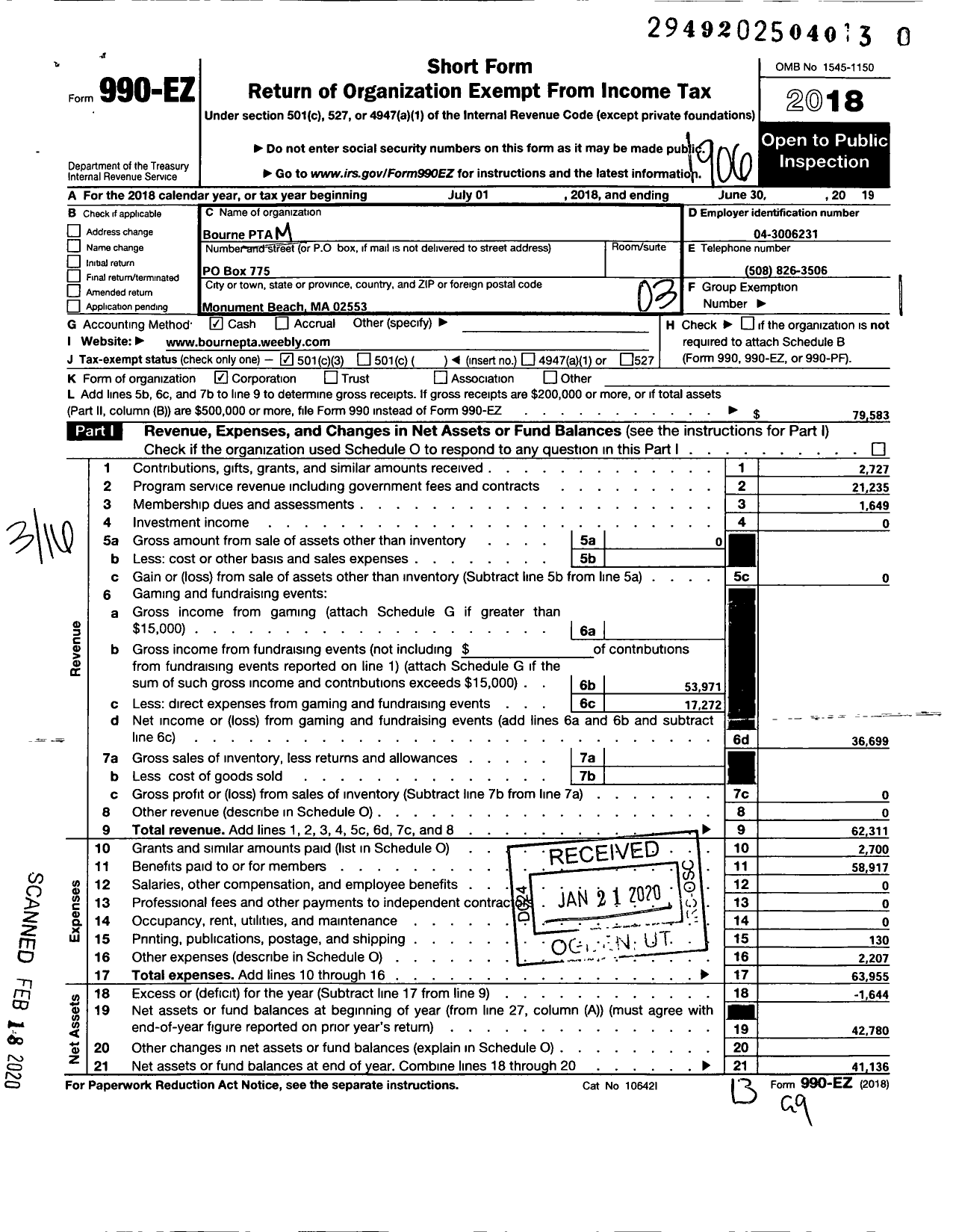 Image of first page of 2018 Form 990EZ for PTA MASSACHUSETTS PARENT-TEACHER ASSOCIATION INC Bourne PTA