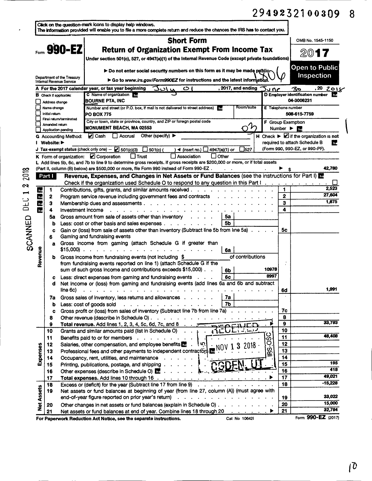 Image of first page of 2017 Form 990EZ for PTA MASSACHUSETTS PARENT-TEACHER ASSOCIATION INC Bourne PTA