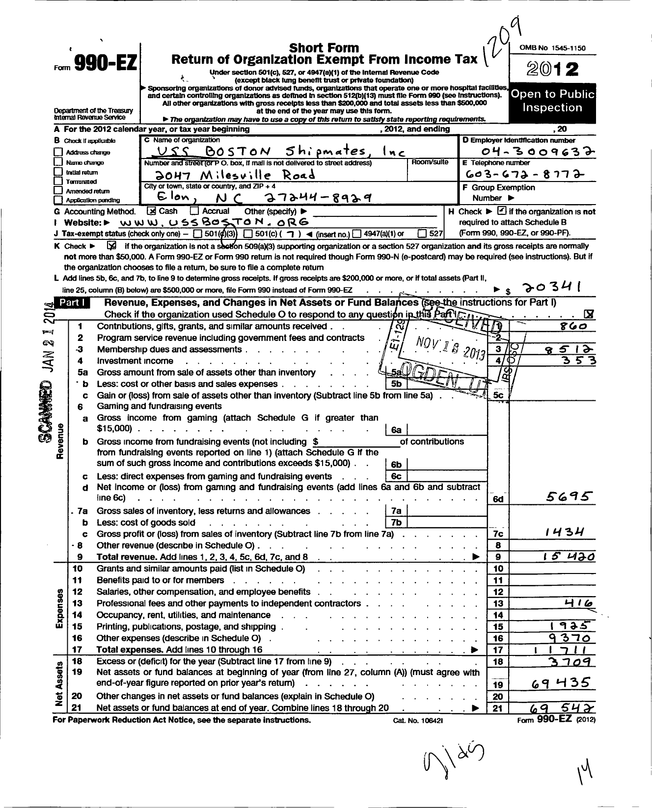 Image of first page of 2012 Form 990EO for Uss Boston Shipmates