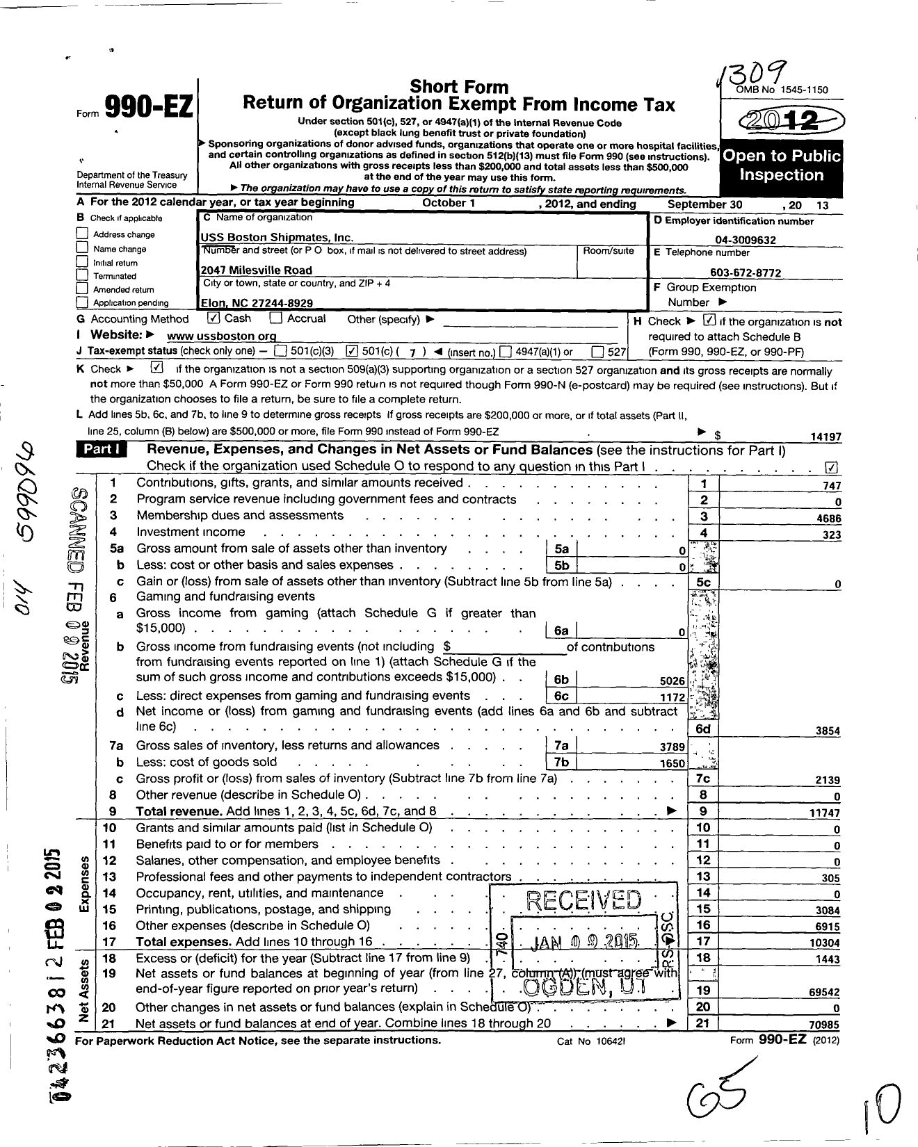 Image of first page of 2012 Form 990EO for Uss Boston Shipmates