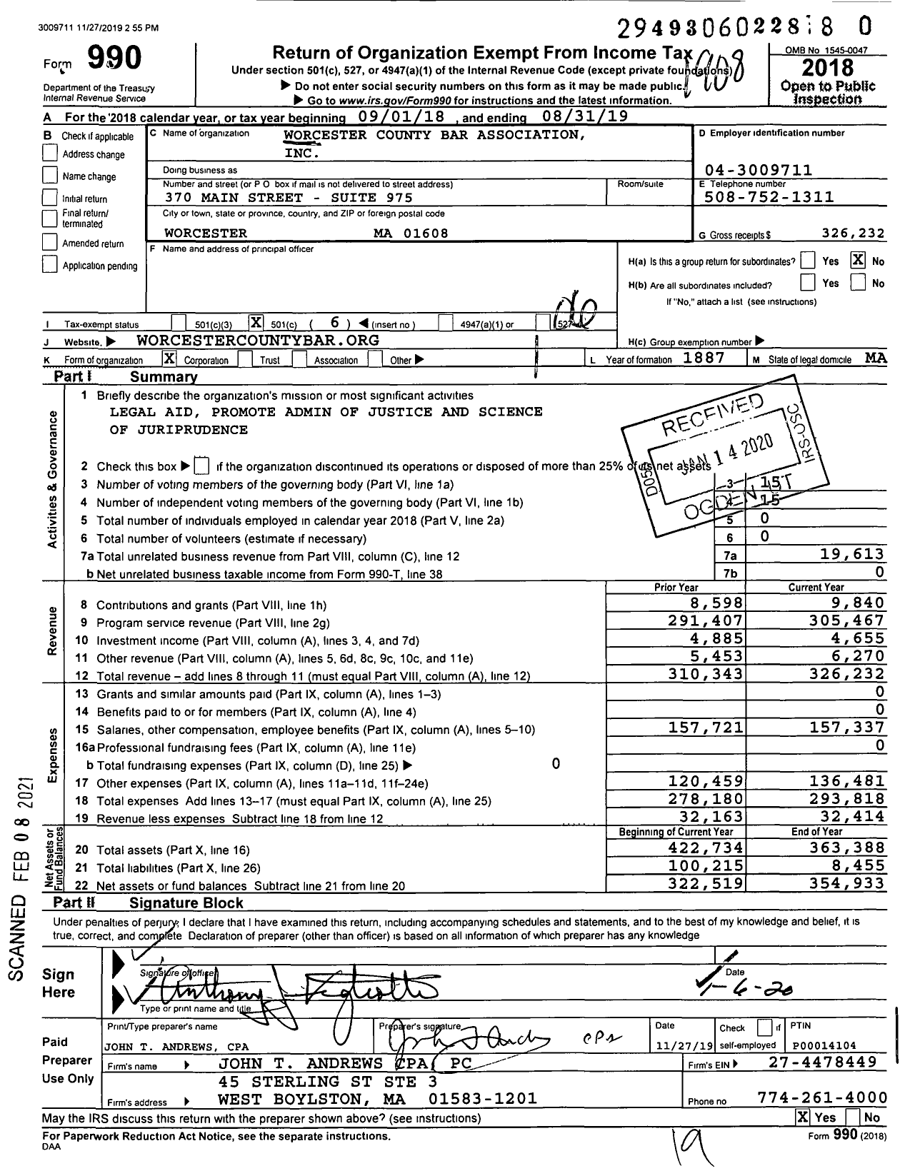 Image of first page of 2018 Form 990O for Worcester County Bar Association