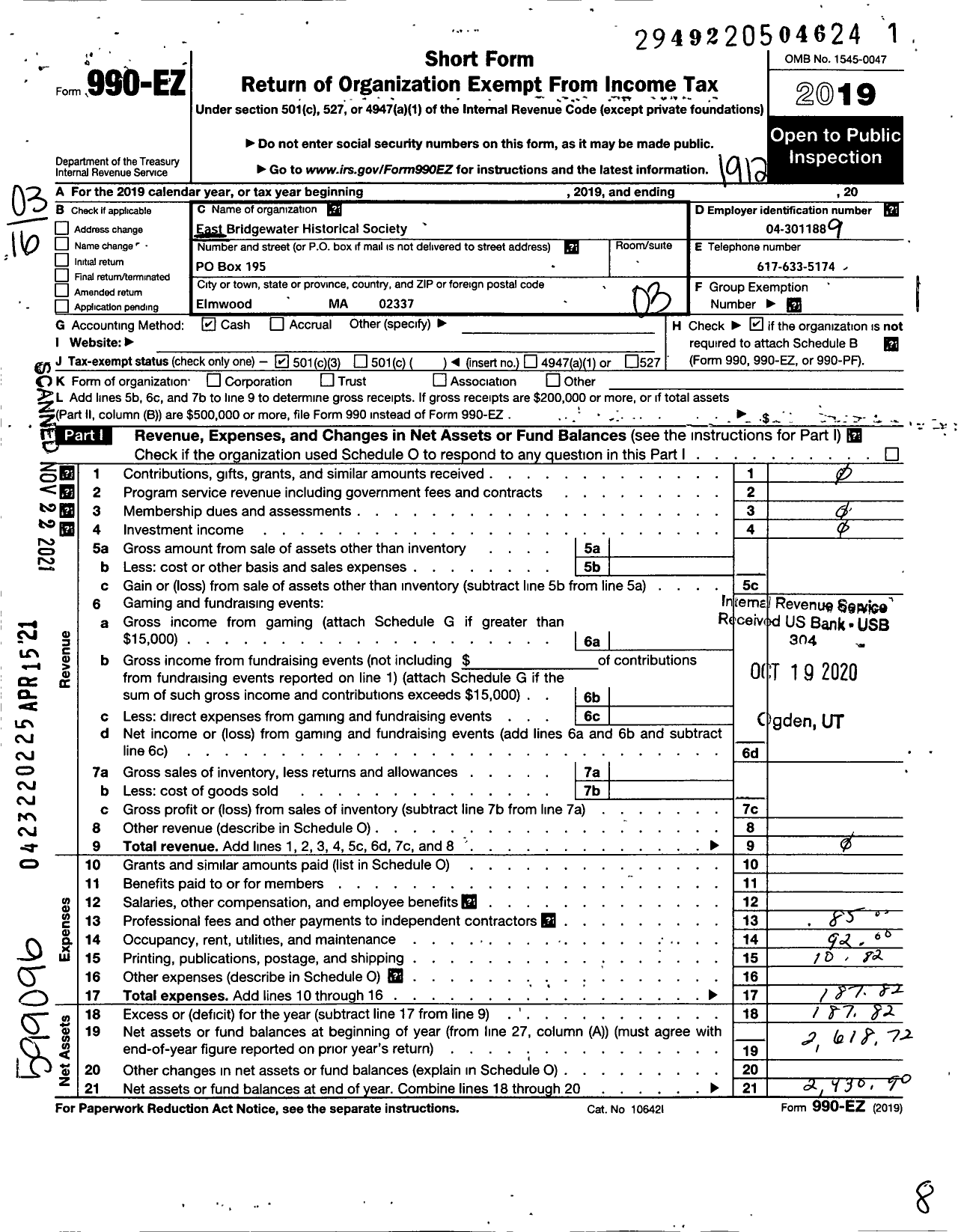 Image of first page of 2019 Form 990EZ for East Bridgewater Historical Society