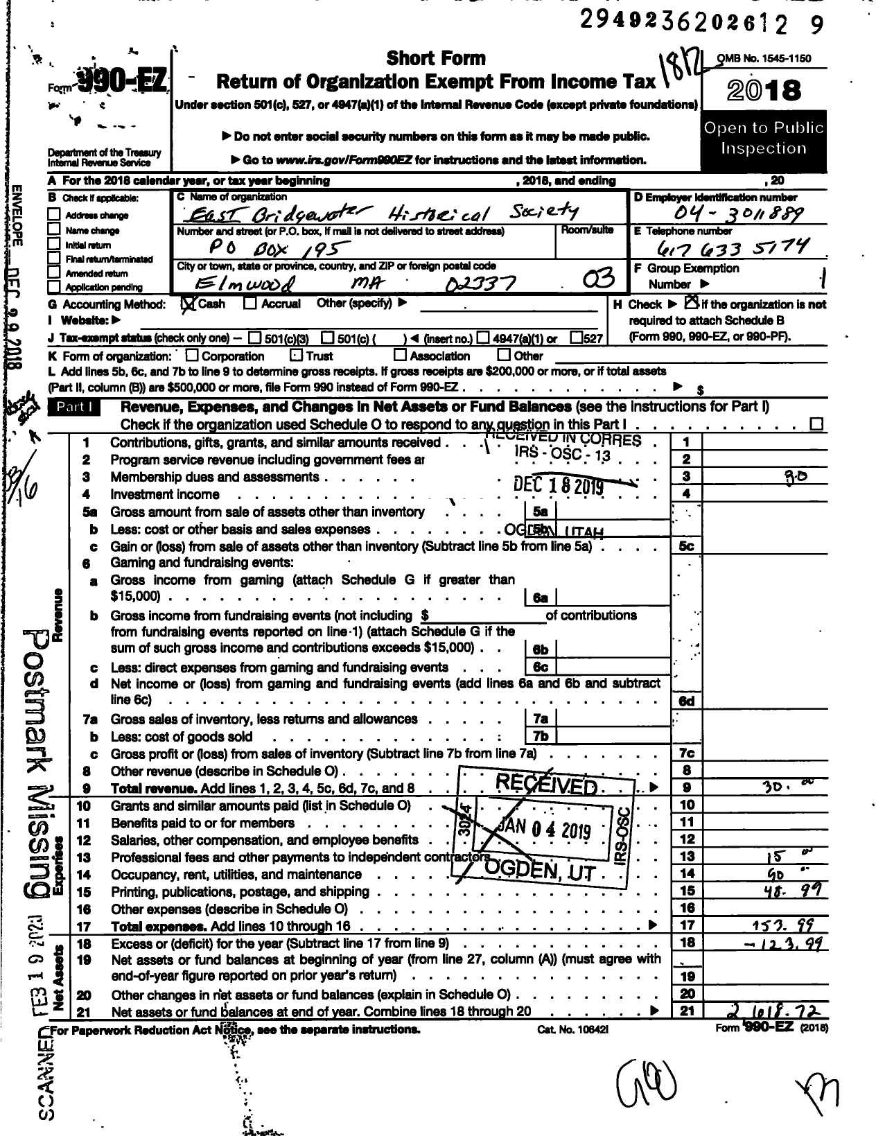 Image of first page of 2018 Form 990EZ for East Bridgewater Historical Society