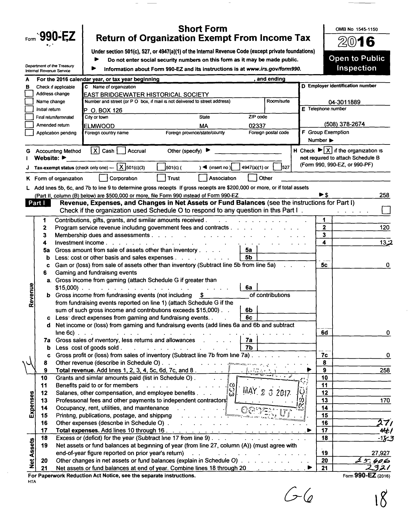 Image of first page of 2016 Form 990EZ for East Bridgewater Historical Society