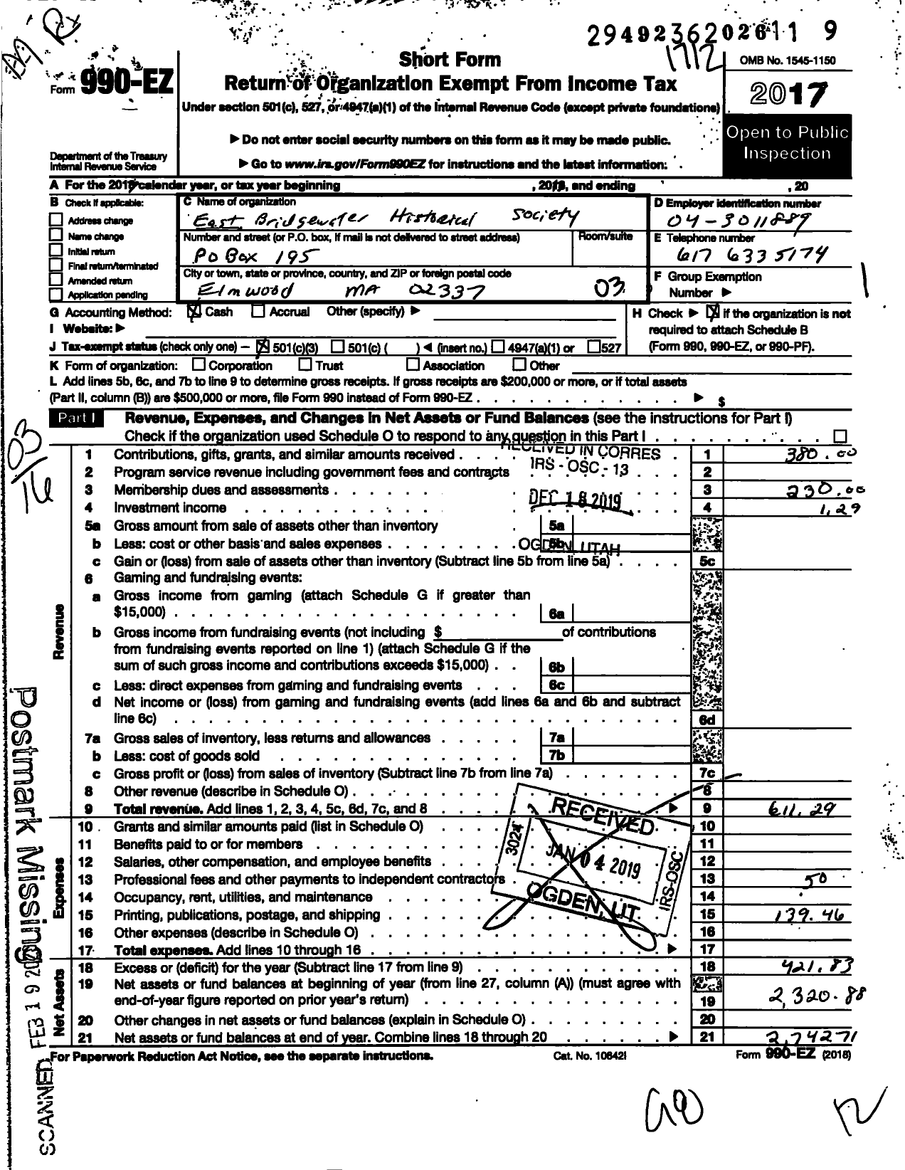 Image of first page of 2017 Form 990EZ for East Bridgewater Historical Society