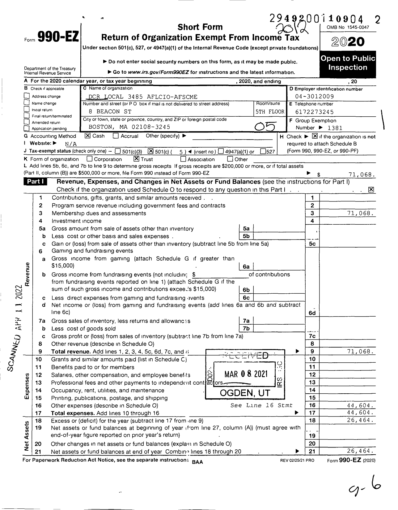 Image of first page of 2020 Form 990EO for American Federation of State County & Municipal Employees - L3485ma Metro District Comm Emps