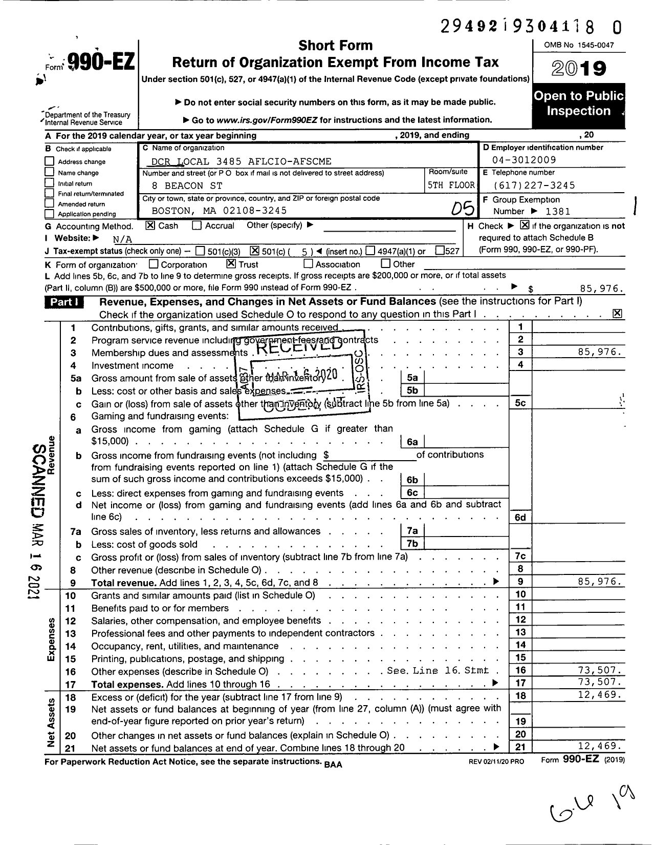 Image of first page of 2019 Form 990EO for American Federation of State County & Municipal Employees - L3485ma Metro District Comm Emps