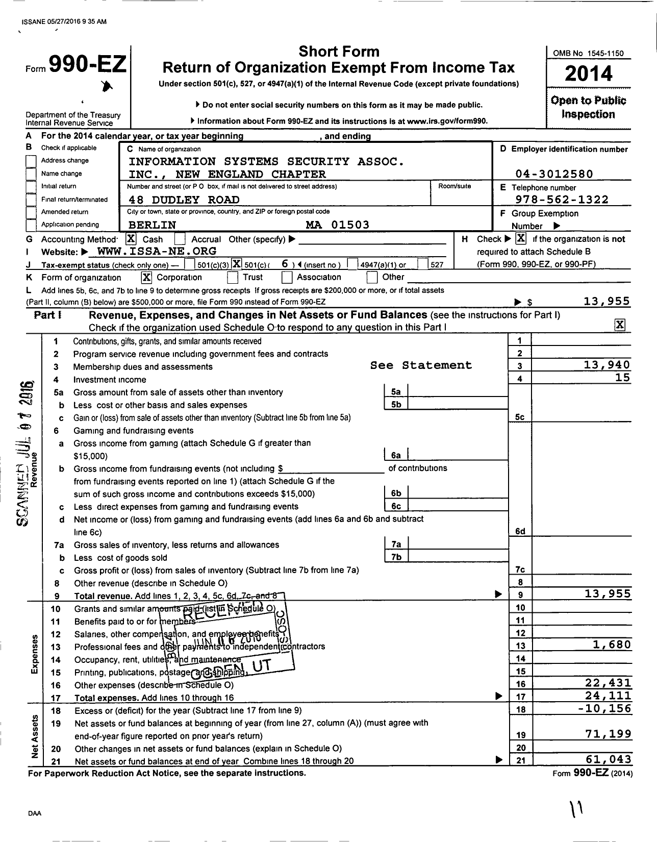 Image of first page of 2014 Form 990EO for Information Systems Security Association New England Chapter