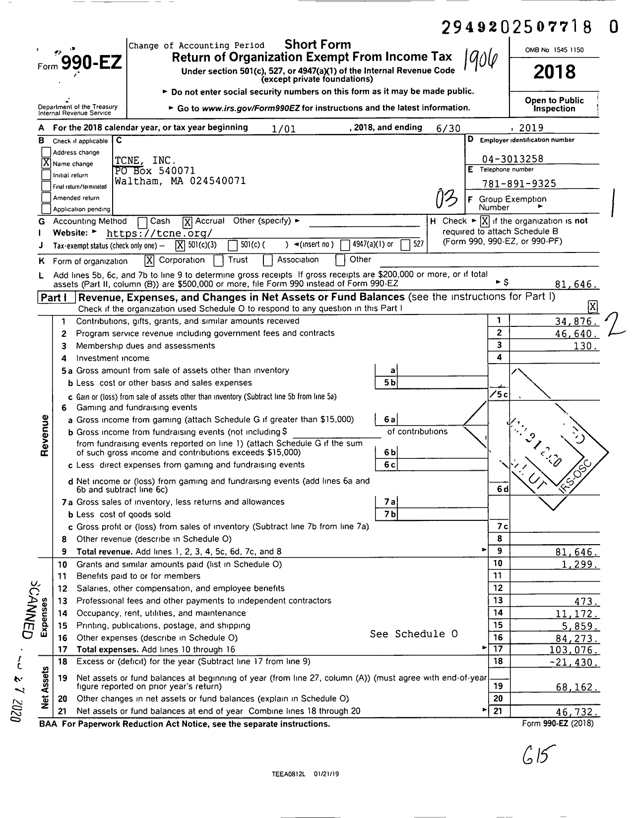 Image of first page of 2018 Form 990EZ for TCNE Incorporated