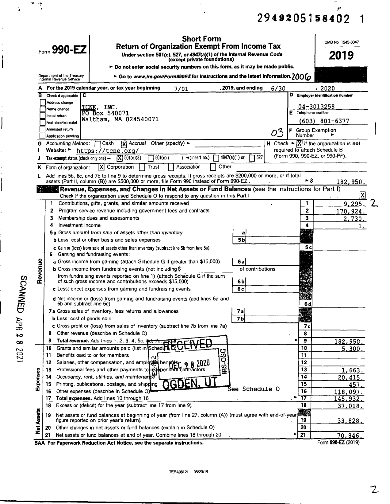 Image of first page of 2019 Form 990EZ for TCNE Incorporated