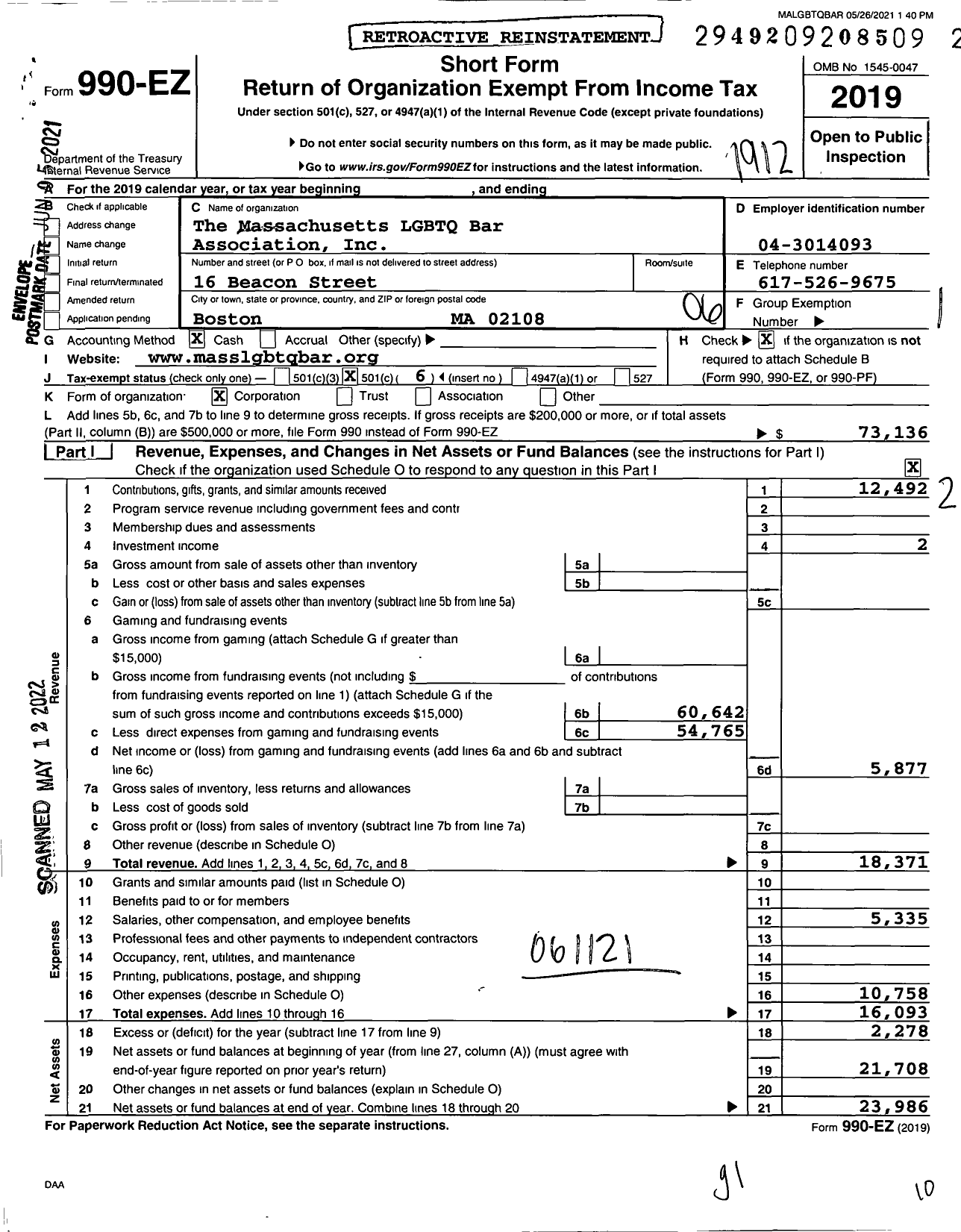 Image of first page of 2019 Form 990EO for The Massachusetts LGBTQ Bar Association