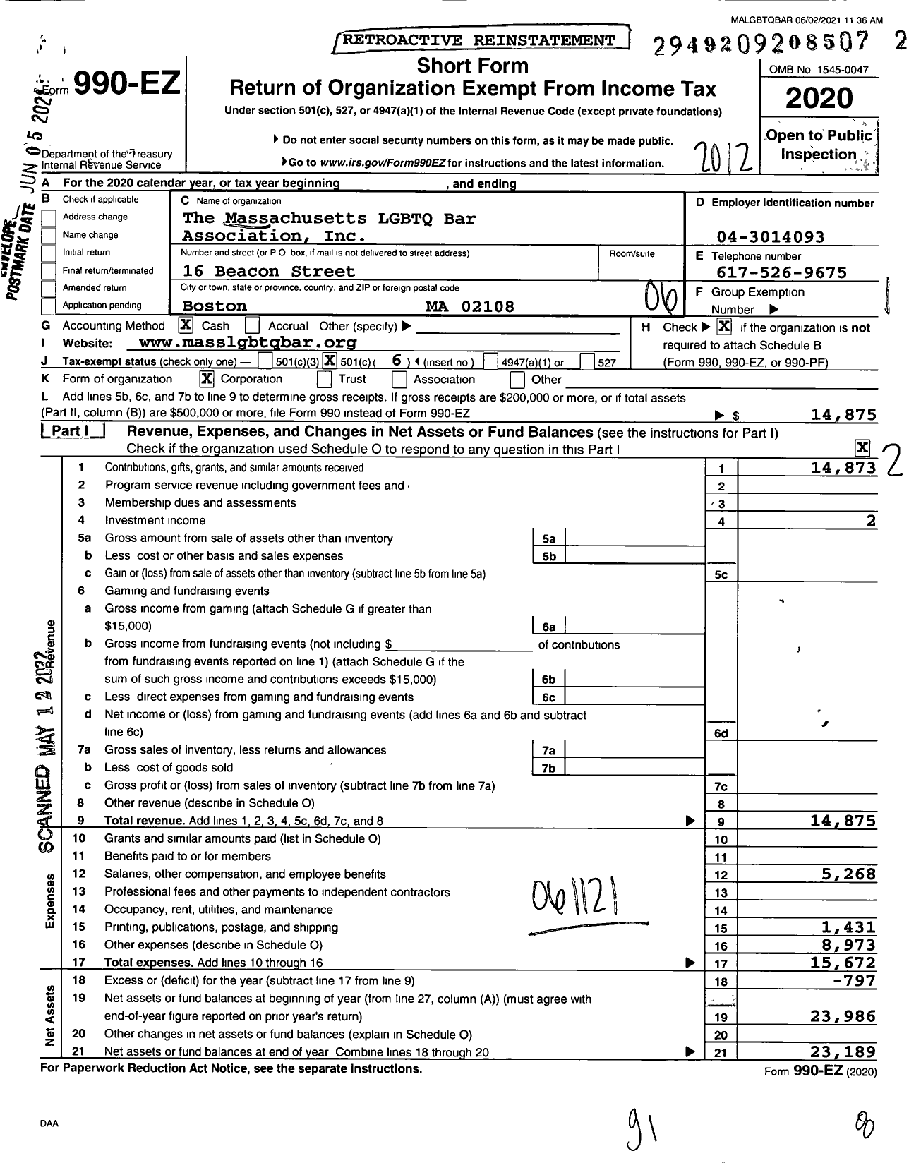 Image of first page of 2020 Form 990EO for The Massachusetts LGBTQ Bar Association