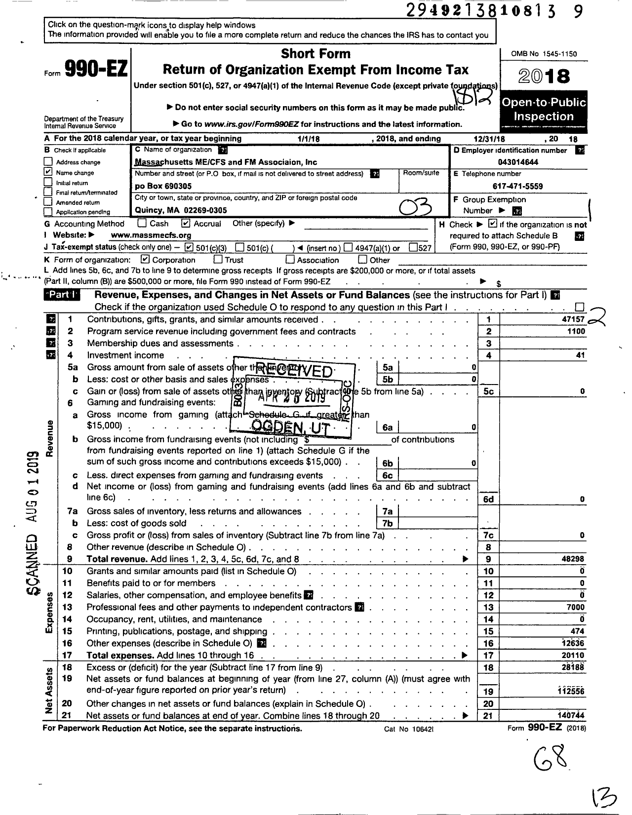 Image of first page of 2018 Form 990EZ for Massachusetts Me-Cfs and FM Association