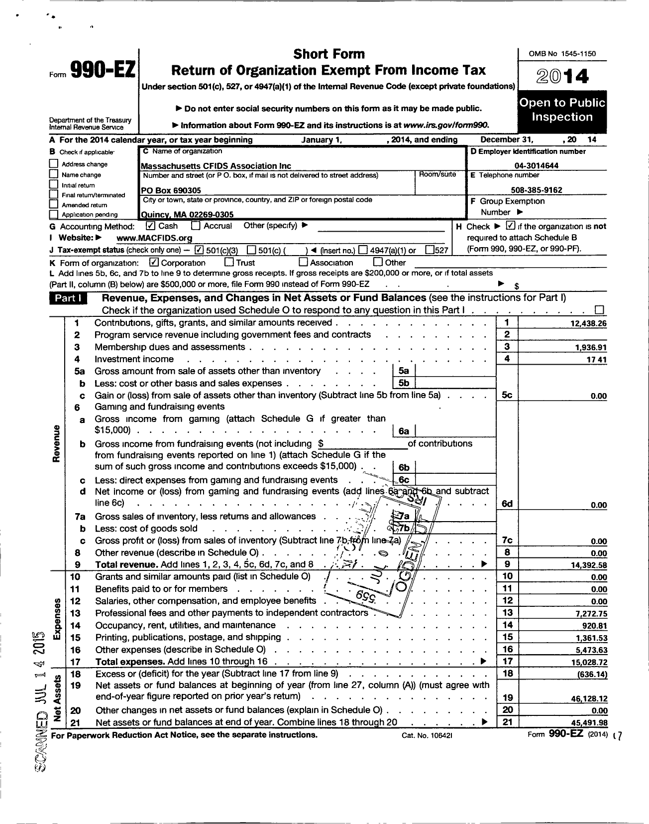 Image of first page of 2014 Form 990EZ for Massachusetts Me-Cfs and FM Association