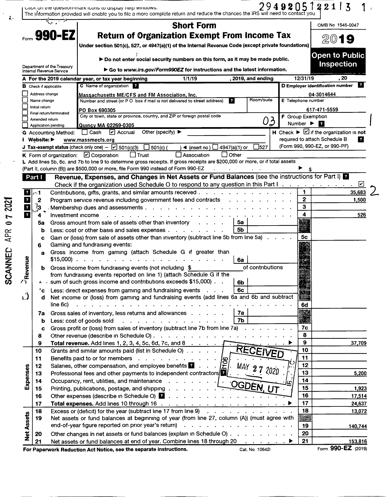 Image of first page of 2019 Form 990EZ for Massachusetts Me-Cfs and FM Association