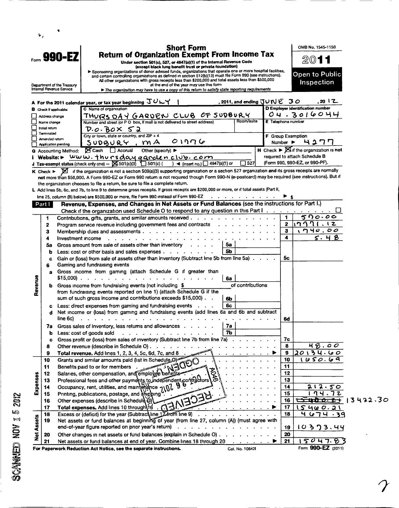 Image of first page of 2011 Form 990EZ for Garden Club Federation of Massachusetts / Thursday Garden Club of Sudbury