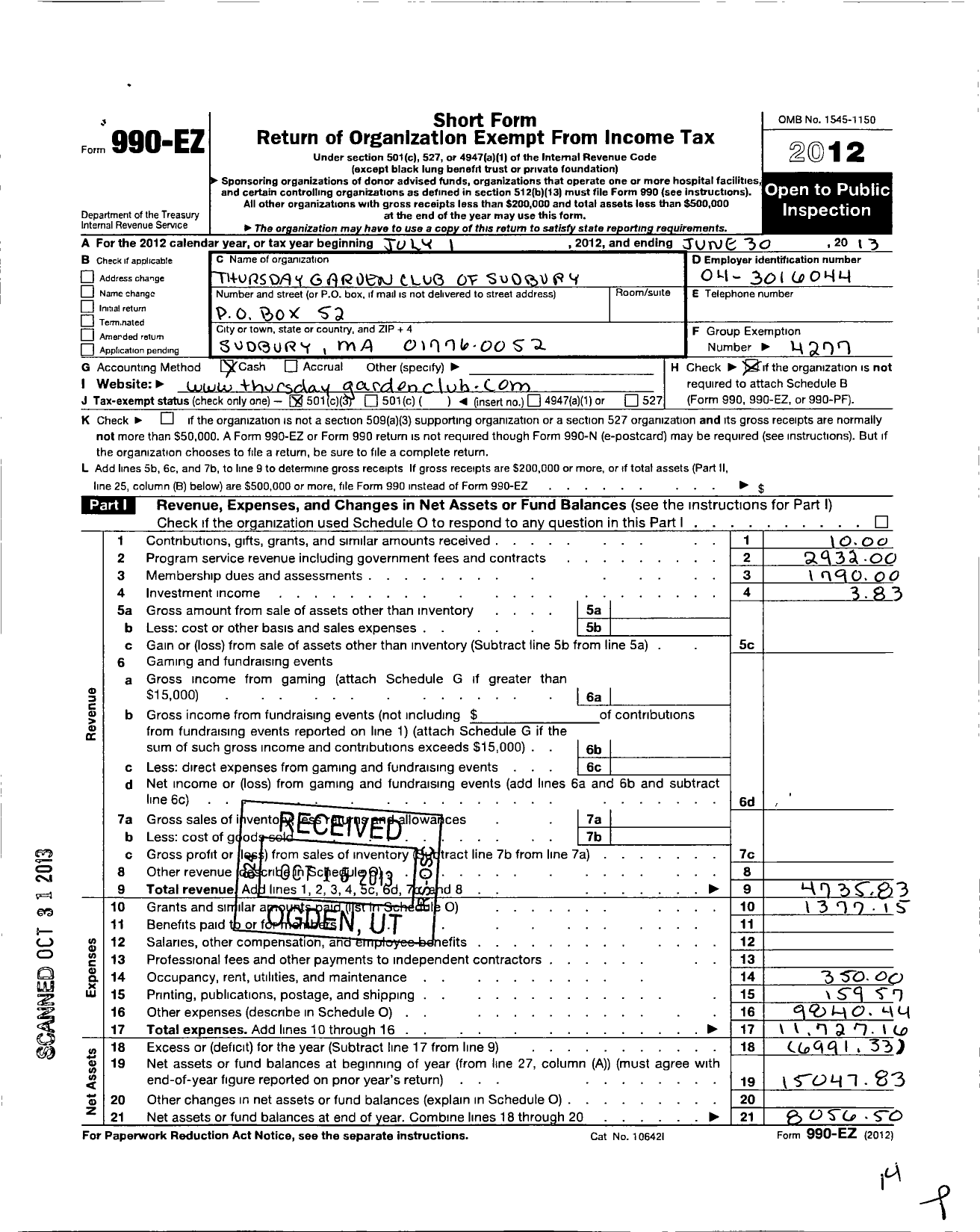 Image of first page of 2012 Form 990EZ for Garden Club Federation of Massachusetts / Thursday Garden Club of Sudbury