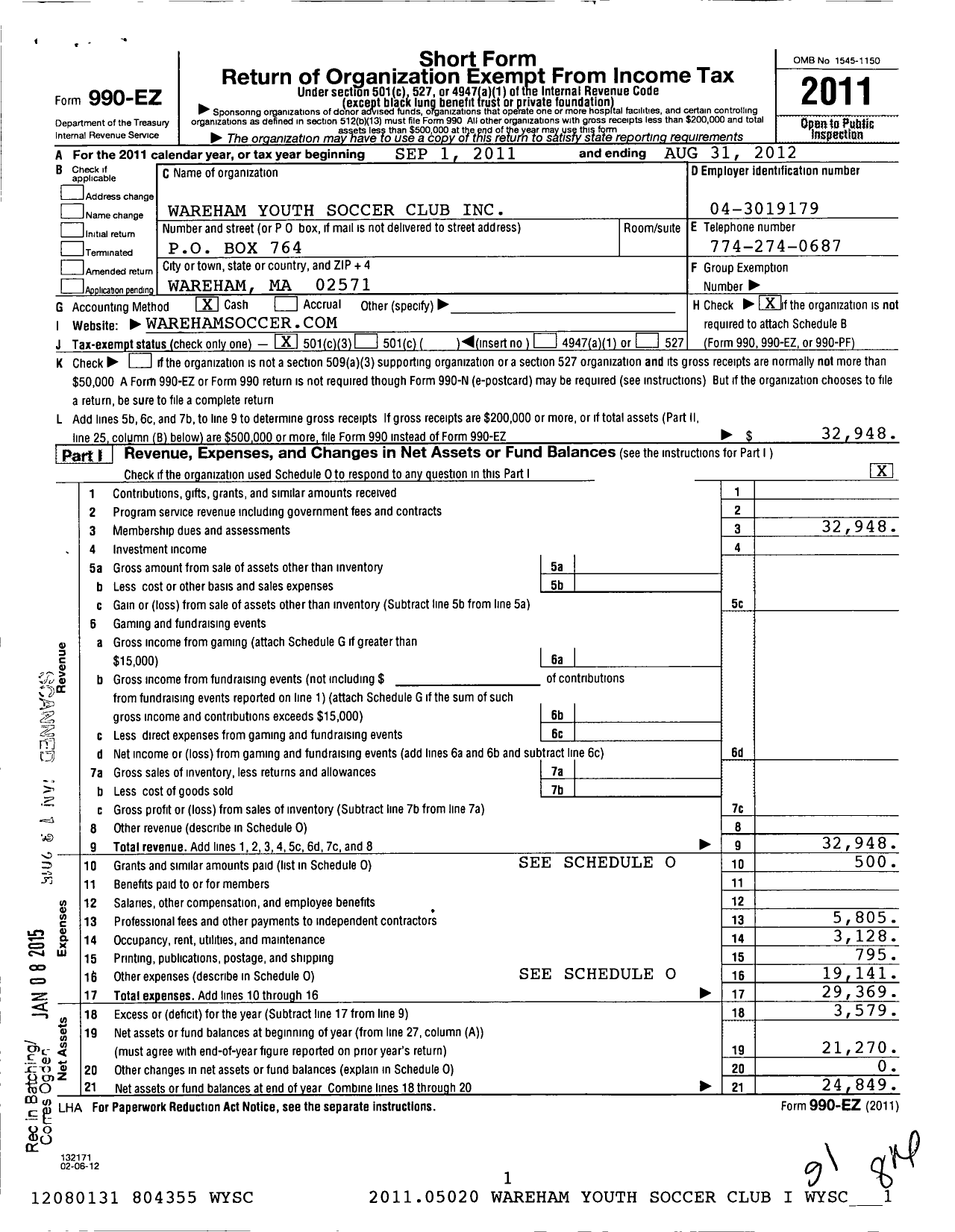 Image of first page of 2011 Form 990EZ for Wareham Youth Soccer Club