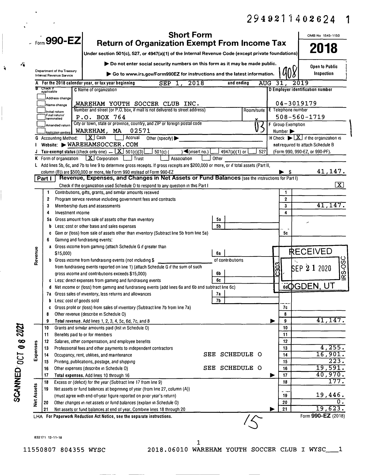 Image of first page of 2018 Form 990EZ for Wareham Youth Soccer Club