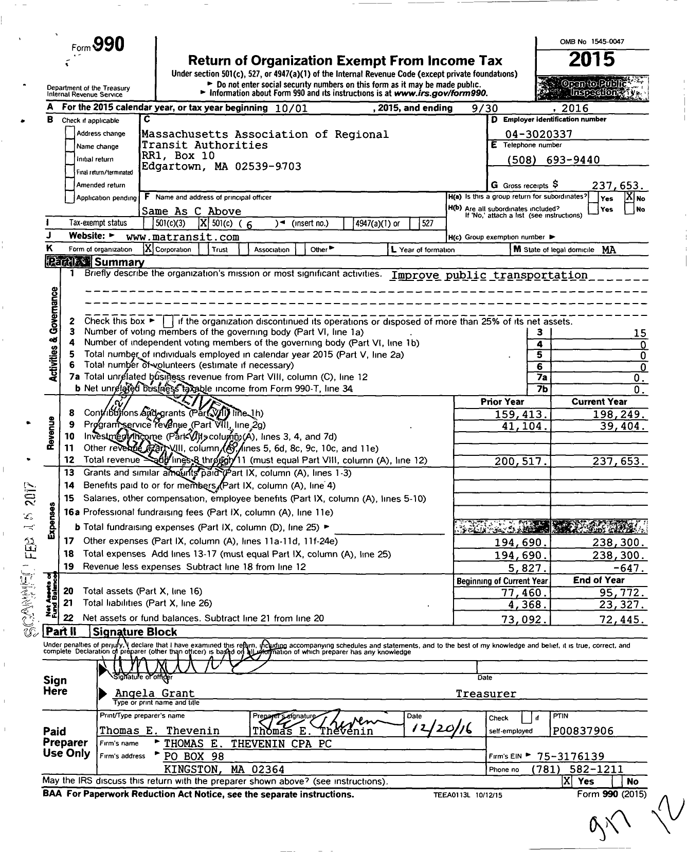 Image of first page of 2015 Form 990O for Massachusetts Association of Regional Transit Authorities (MARTA)