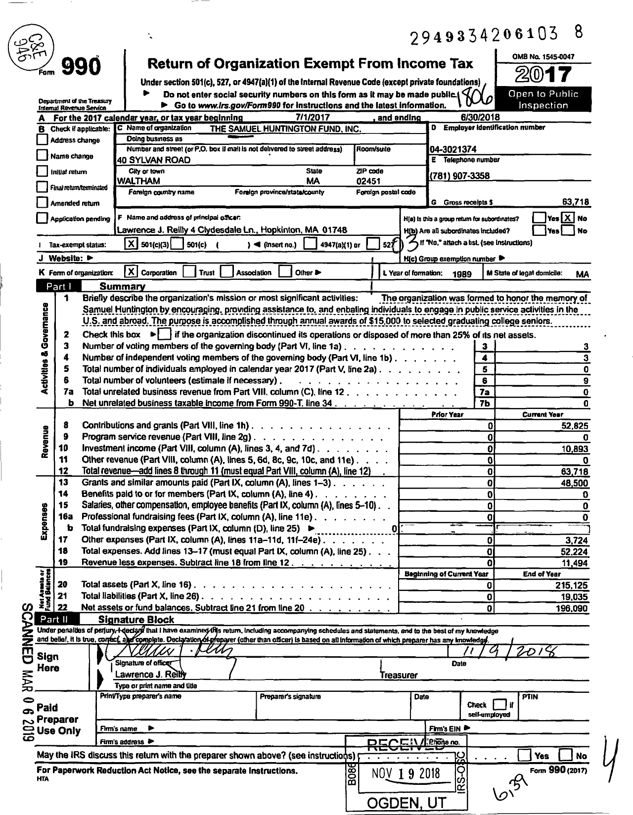 Image of first page of 2017 Form 990 for The Samuel Hunington Fund