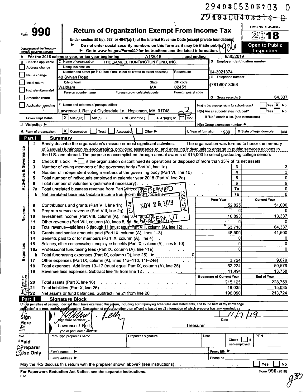 Image of first page of 2018 Form 990 for The Samuel Hunington Fund