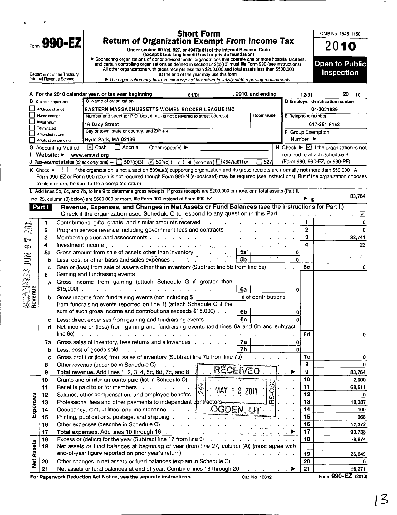 Image of first page of 2010 Form 990EO for Eastern Massachusetts Women's Soccer League