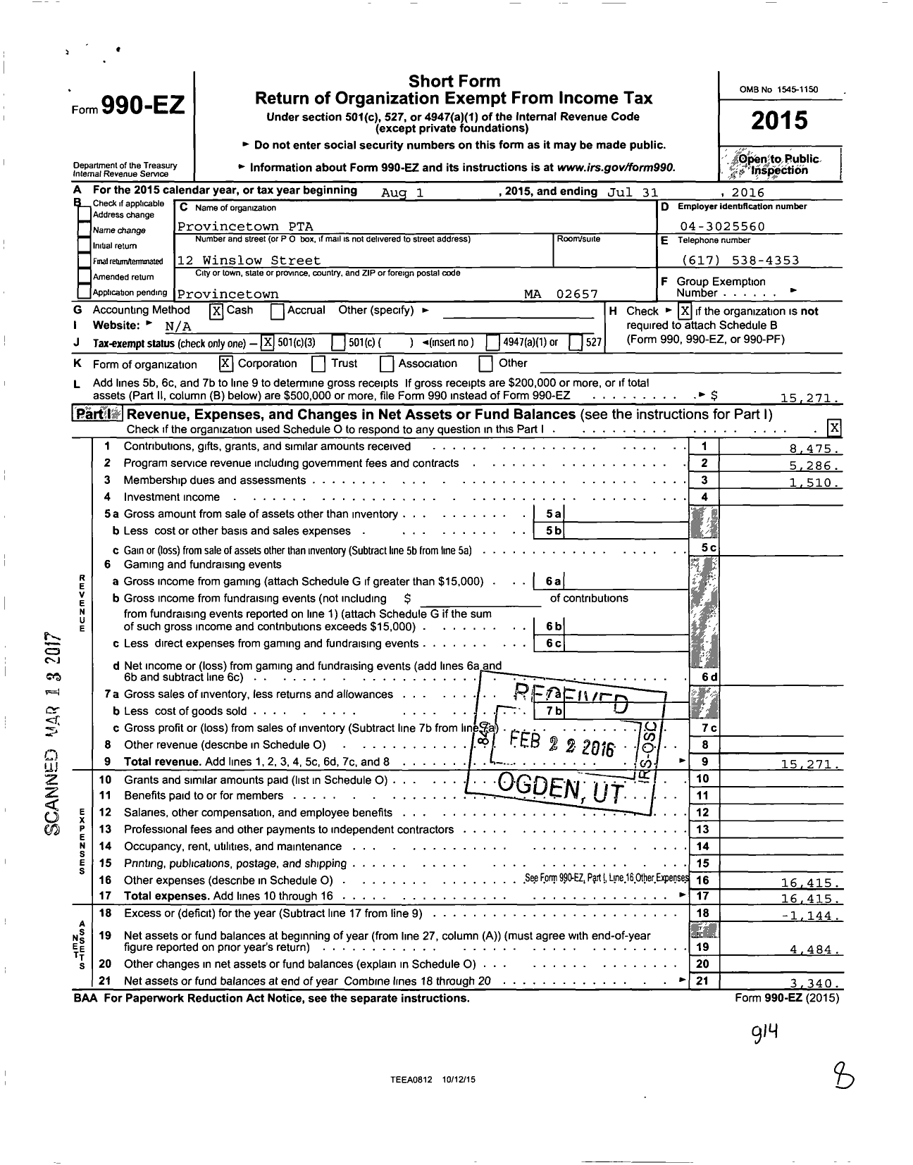 Image of first page of 2015 Form 990EZ for Provincetown PTA