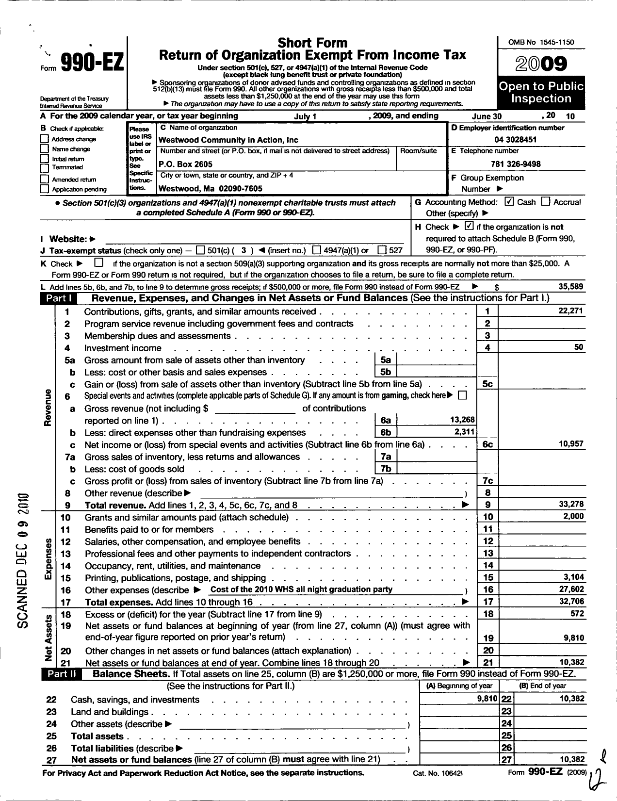 Image of first page of 2009 Form 990EZ for Westwood Community in Action