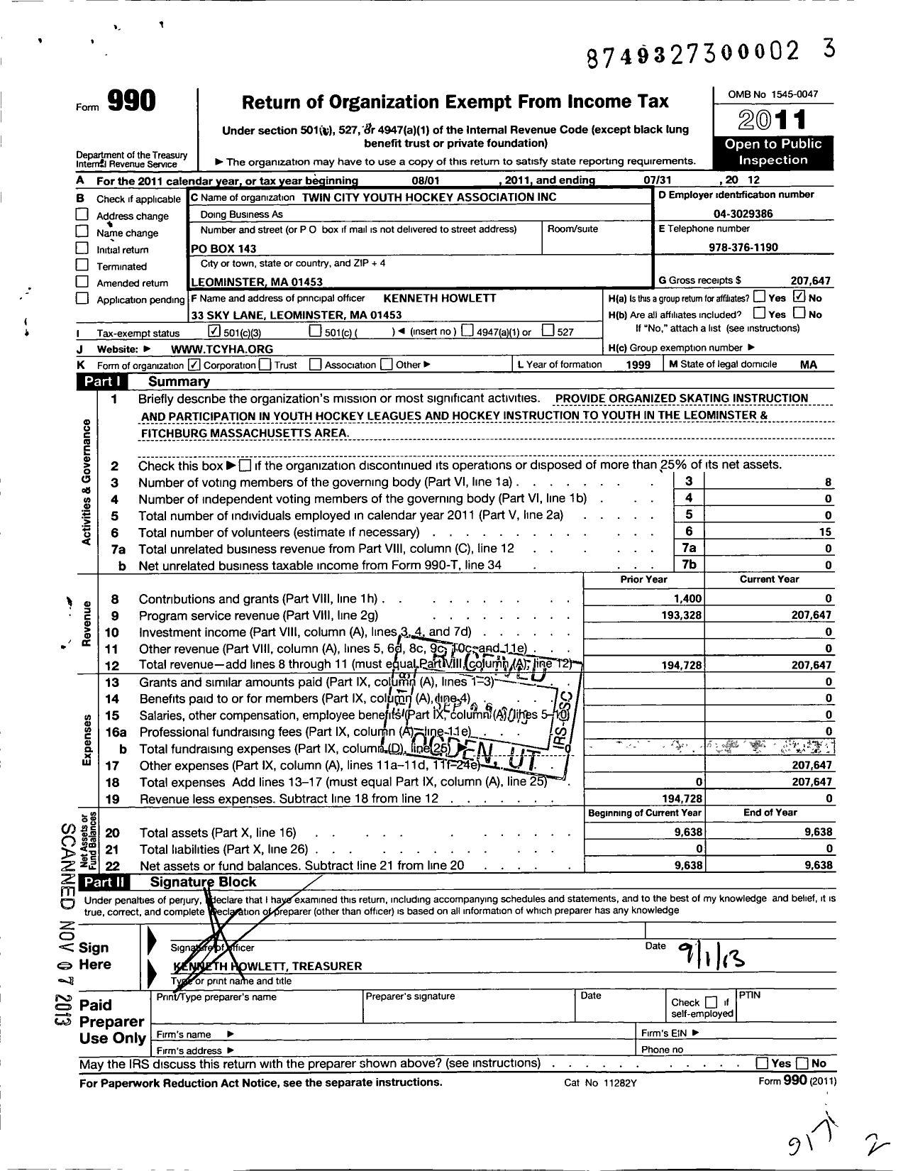Image of first page of 2011 Form 990 for Twin City Youth Hockey Association
