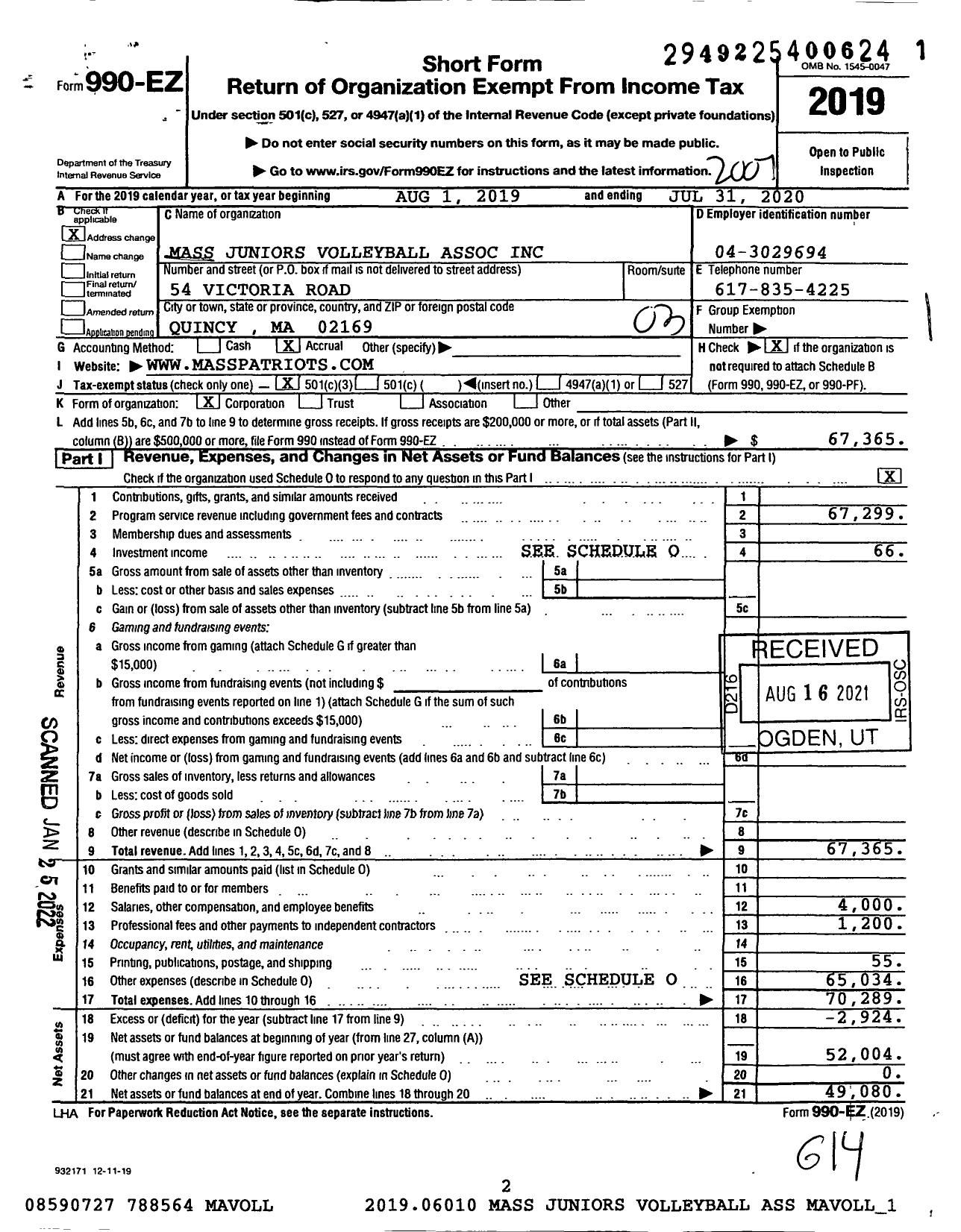 Image of first page of 2019 Form 990EZ for Mass Juniors Volleyball Association