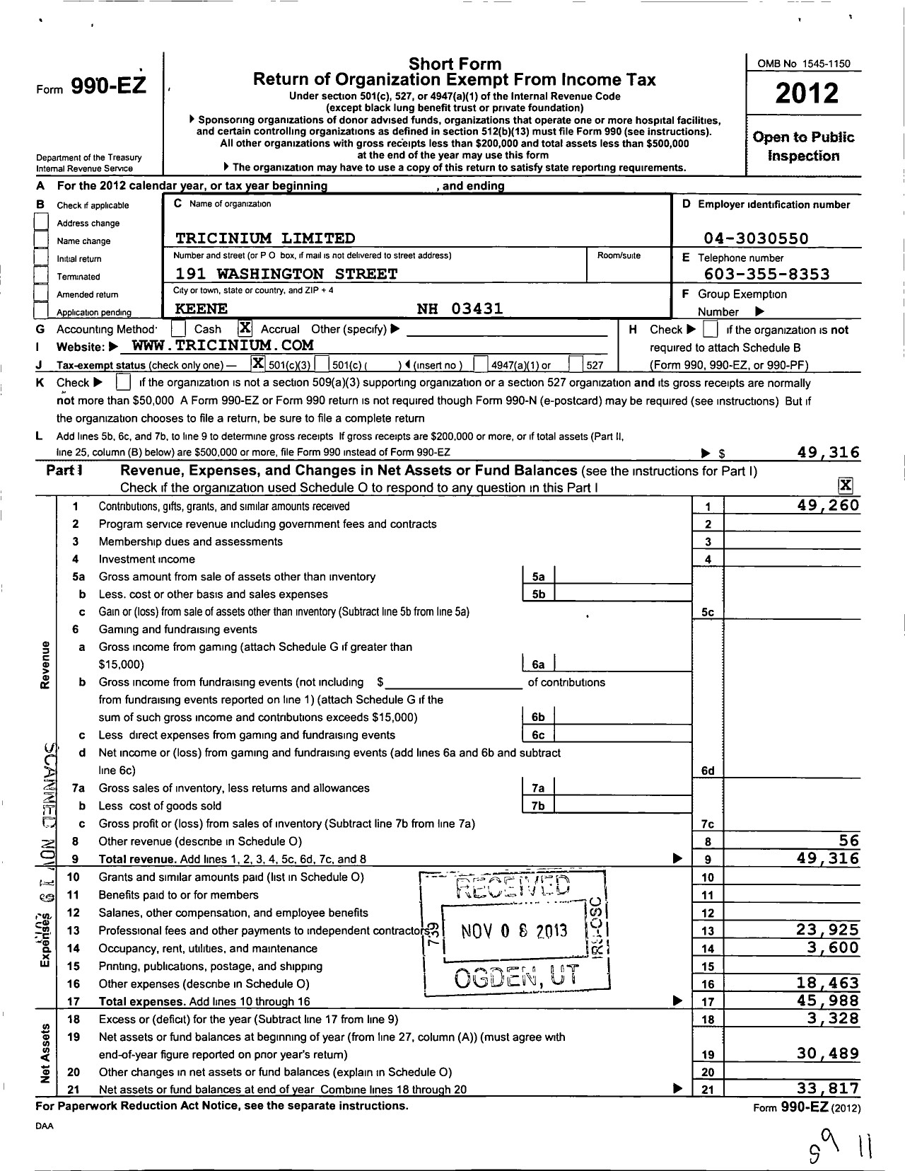 Image of first page of 2012 Form 990EZ for Tricinium Limited