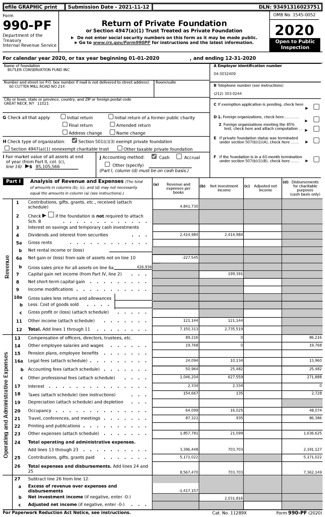 Image of first page of 2020 Form 990PF for Butler Conservation (BCF)