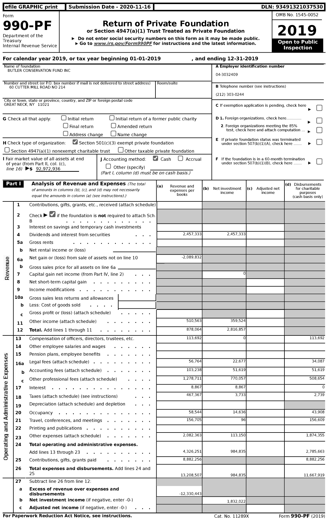 Image of first page of 2019 Form 990PF for Butler Conservation (BCF)