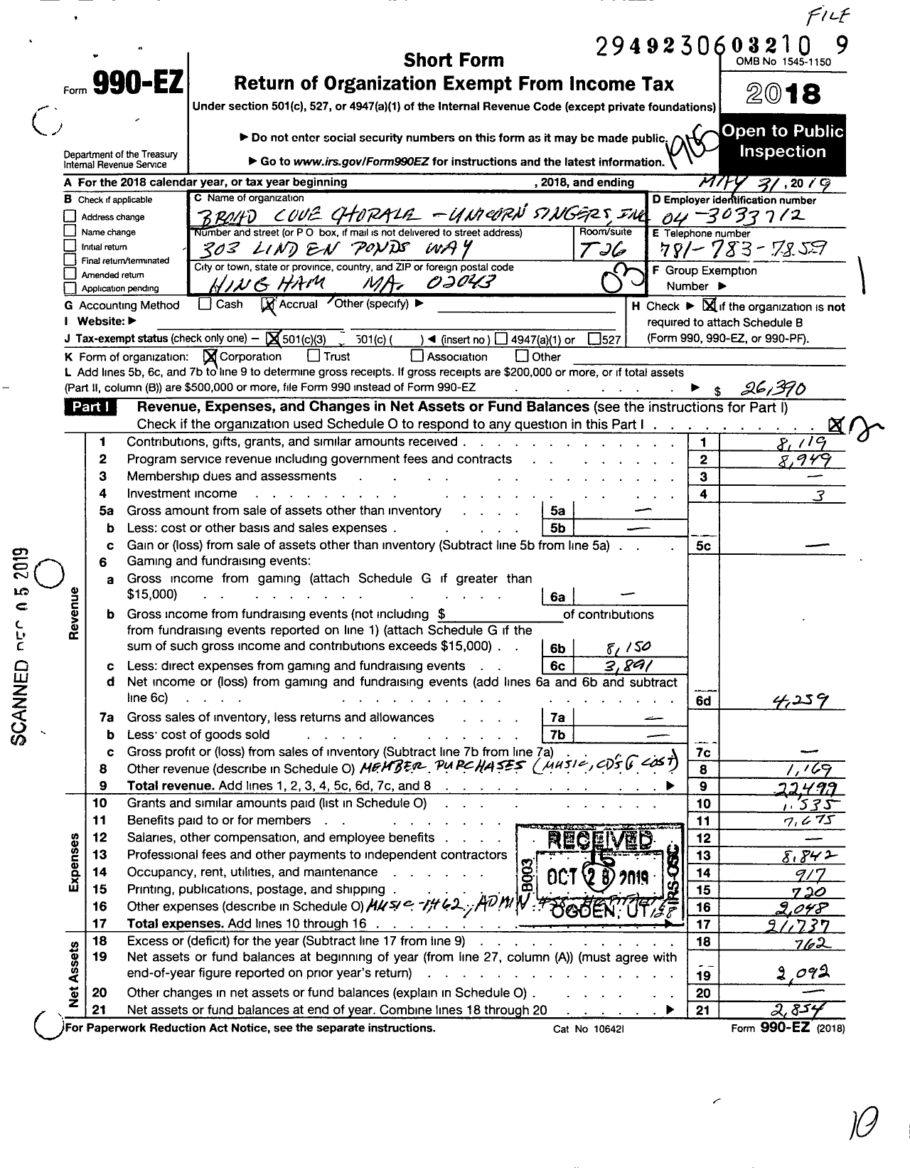 Image of first page of 2018 Form 990EZ for Broad Cove Chorale Unicorn Singers