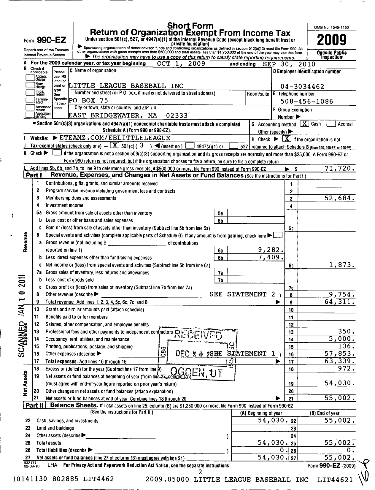 Image of first page of 2009 Form 990EZ for The Little League of East Bridgewater