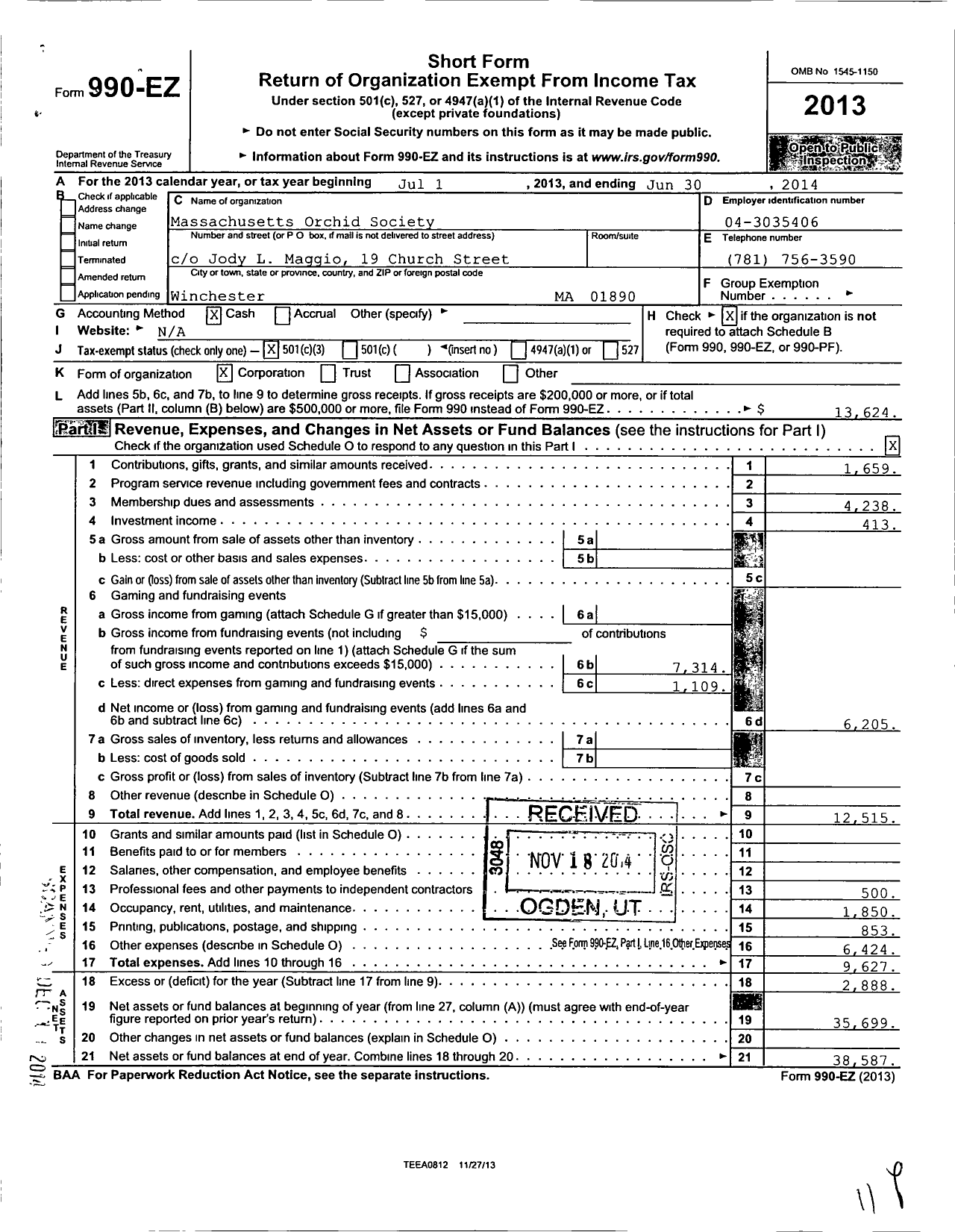 Image of first page of 2013 Form 990EZ for Massachusetts Orchid Society