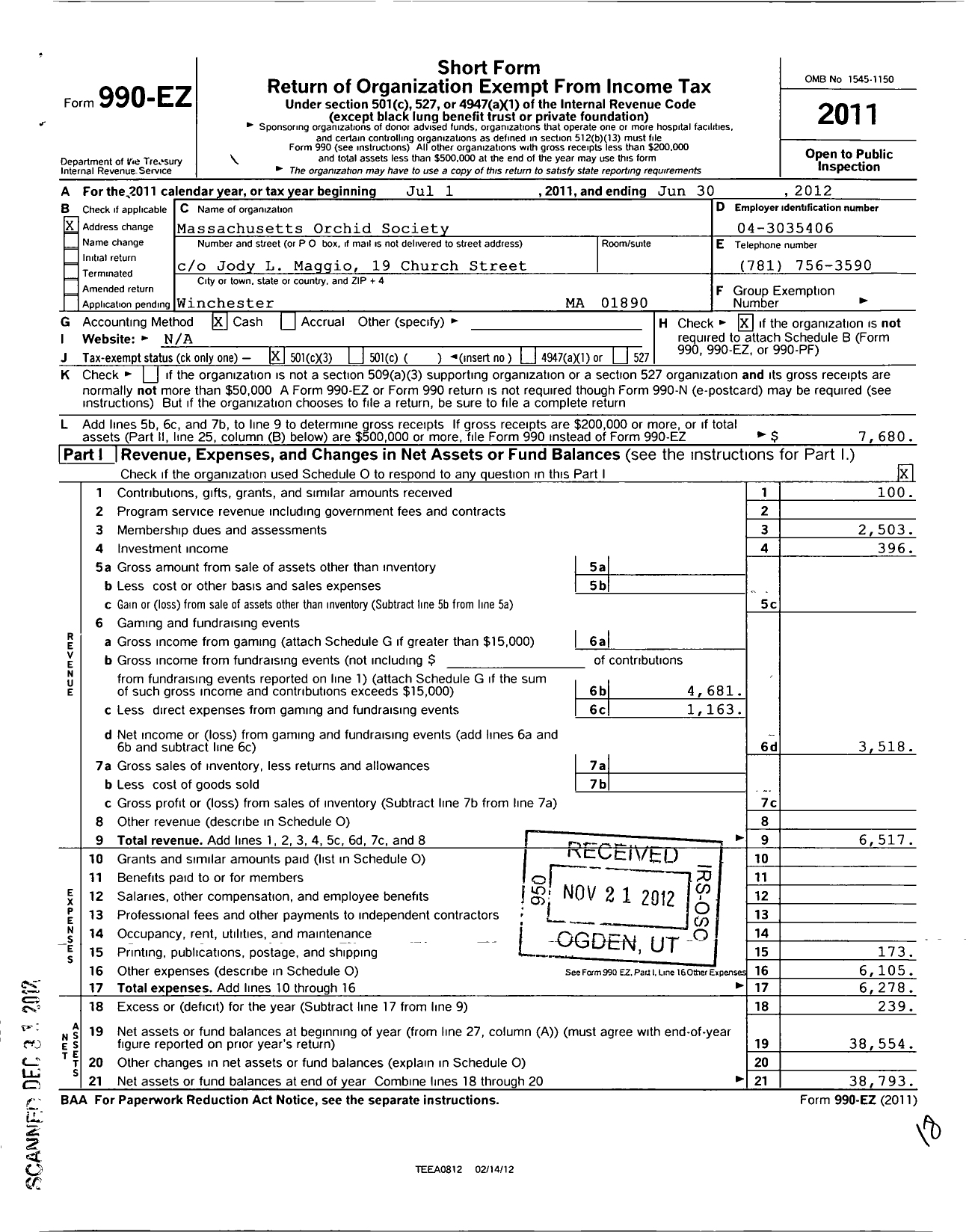 Image of first page of 2011 Form 990EZ for Massachusetts Orchid Society