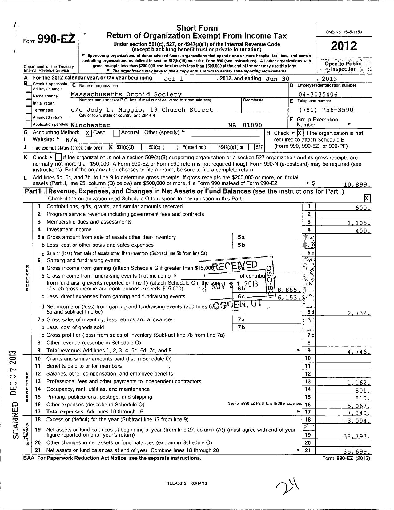 Image of first page of 2012 Form 990EZ for Massachusetts Orchid Society