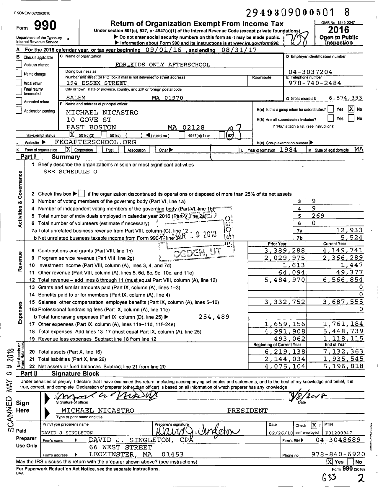 Image of first page of 2016 Form 990 for For Kids Only Afterschool (FKO)