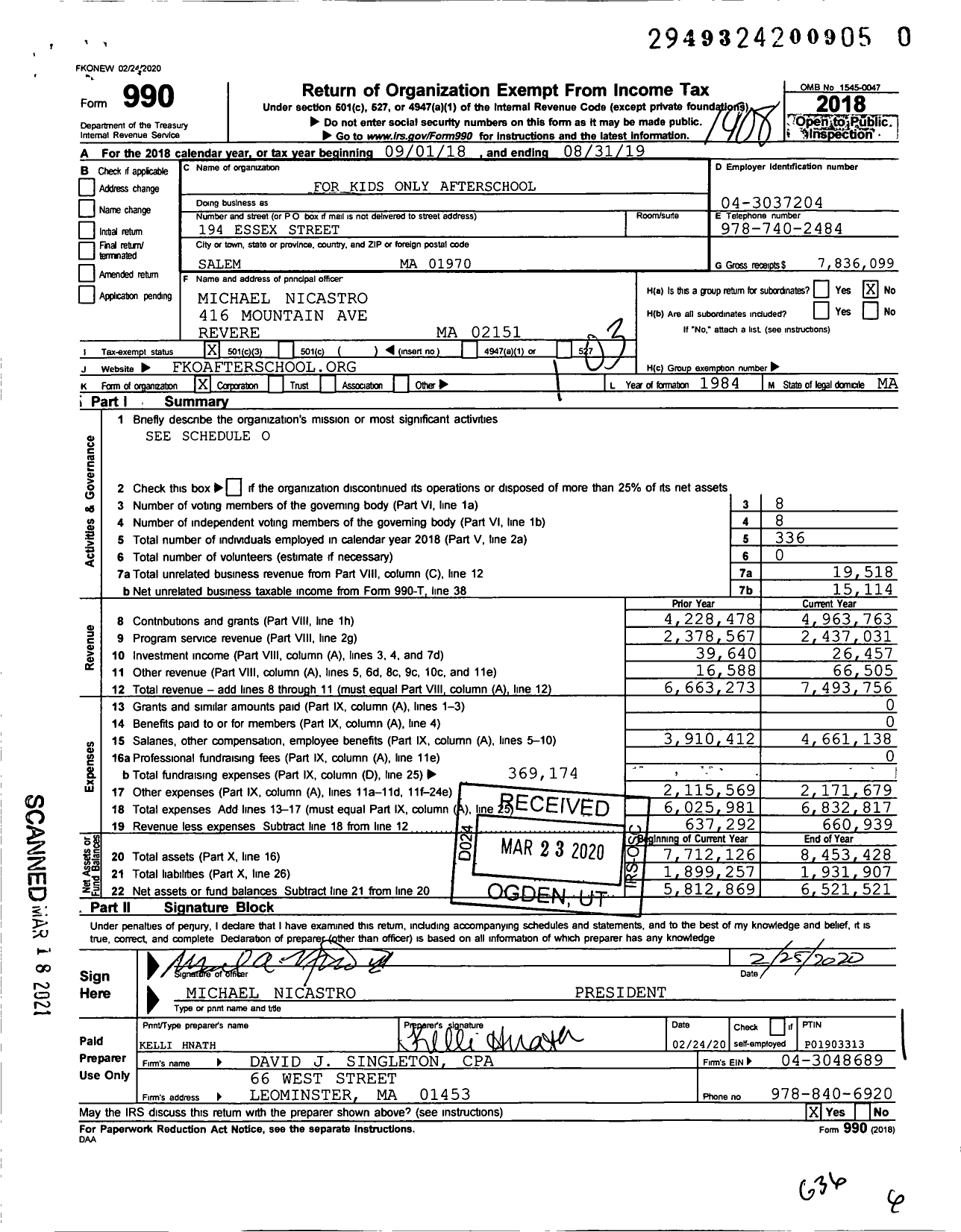 Image of first page of 2018 Form 990 for For Kids Only Afterschool (FKO)