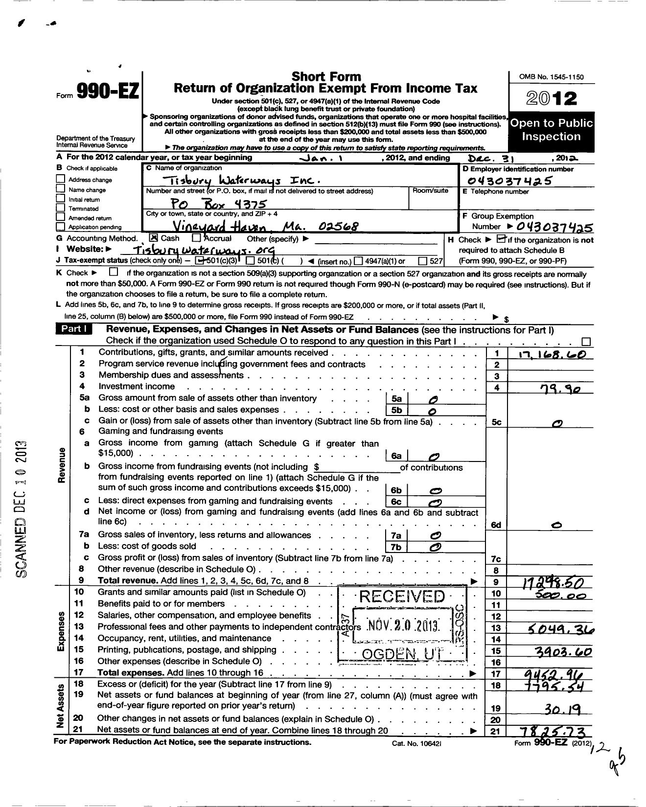 Image of first page of 2012 Form 990EZ for Tisbury Waterways