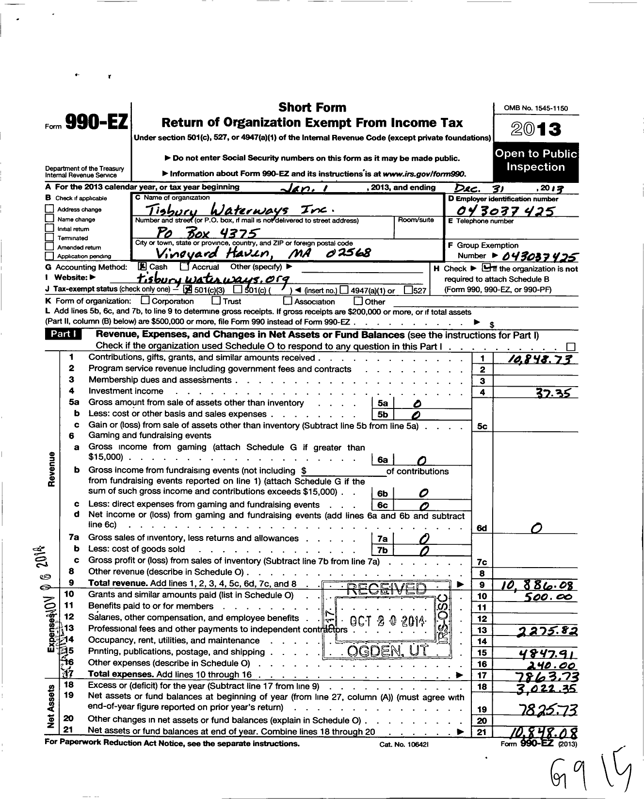 Image of first page of 2013 Form 990EZ for Tisbury Waterways